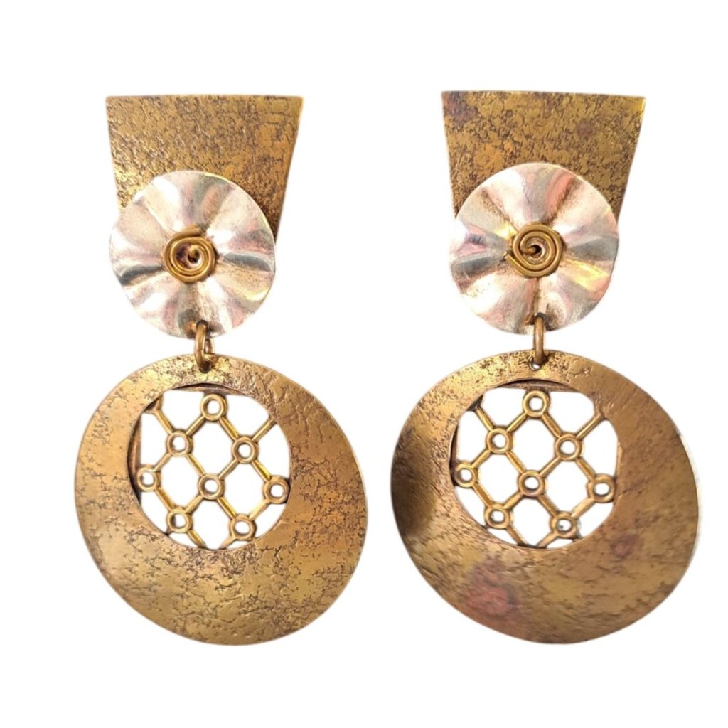Vintage Marjorie Baer Sf Clip-On Earrings Brutalist Mixed Metal Statement Dangle